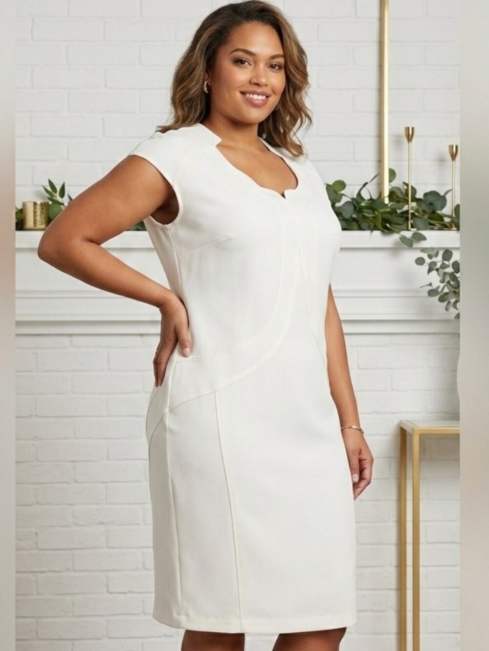 IMAN Dress Women's Plus Size 1X Ivory White Sheath Cream Dress Exposed Zipper